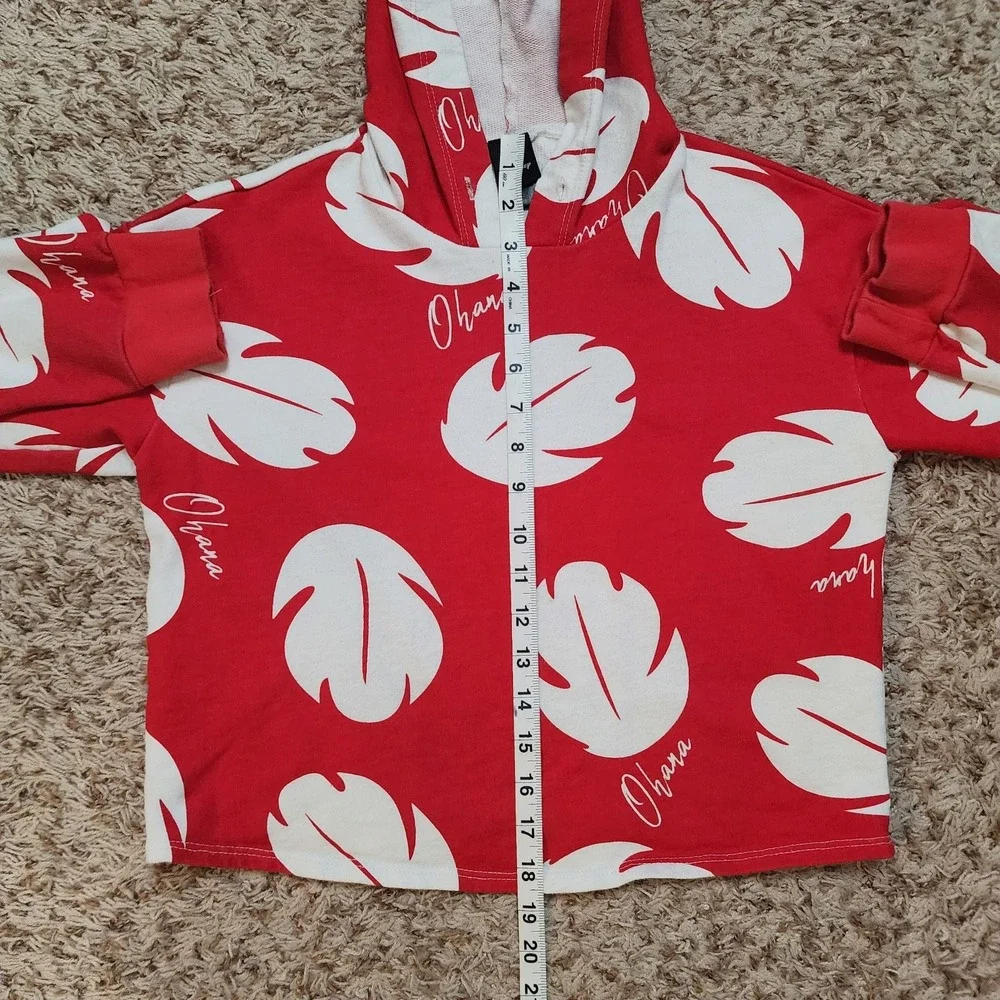 Disney Lilo Stitch Pullover Hoodie Sweater‎ Kids Sz XS Red White Leaf Pattern